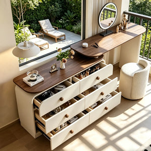 47.24" modern cream-colored vanity table, extendable to 94.48", with 6 drawers, L-shaped solid wood vanity set with a rotating tabletop  Wooden Bazar