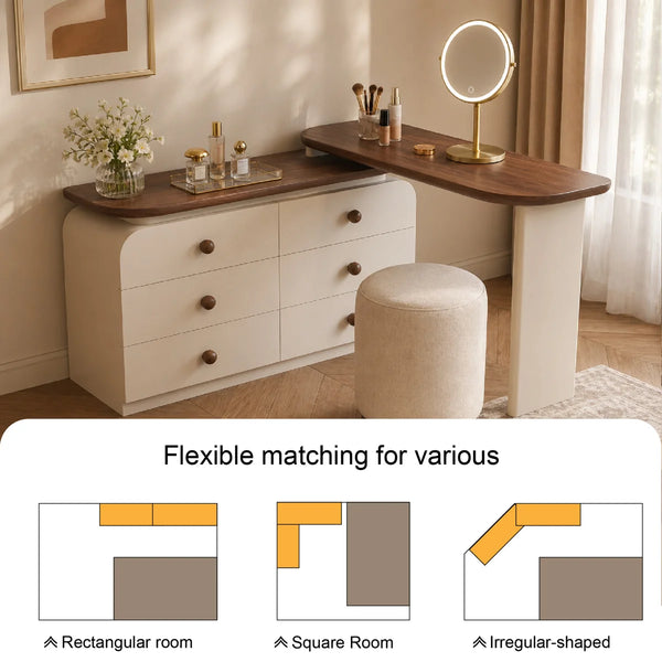 47.24" modern cream-colored vanity table, extendable to 94.48", with 6 drawers, L-shaped solid wood vanity set with a rotating tabletop  Wooden Bazar