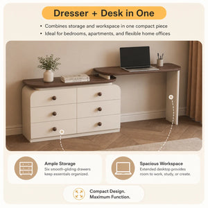 47.24" modern cream-colored vanity table, extendable to 94.48", with 6 drawers, L-shaped solid wood vanity set with a rotating tabletop  Wooden Bazar