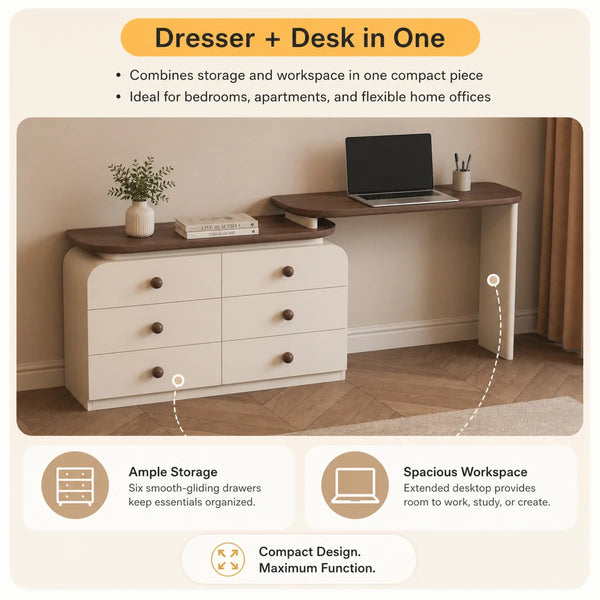 47.24" modern cream-colored vanity table, extendable to 94.48", with 6 drawers, L-shaped solid wood vanity set with a rotating tabletop  Wooden Bazar