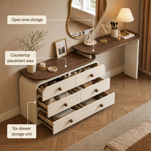 47.24" modern cream-colored vanity table, extendable to 94.48", with 6 drawers, L-shaped solid wood vanity set with a rotating tabletop  Wooden Bazar