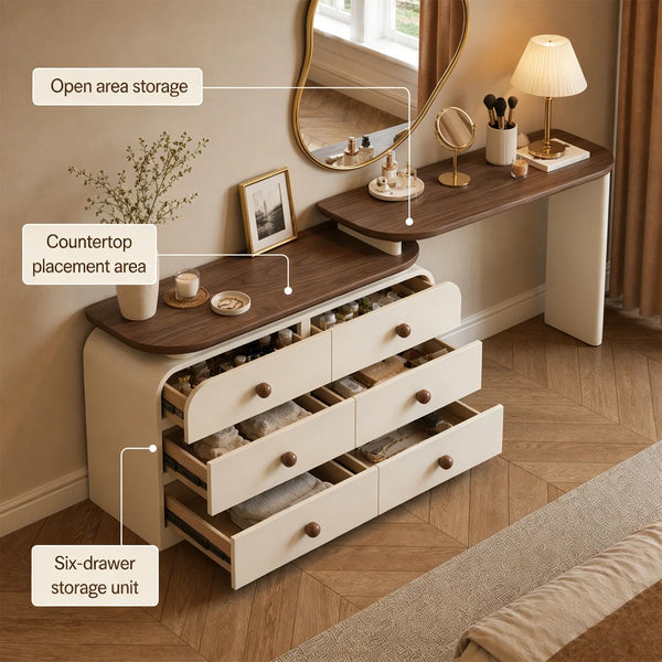 47.24" modern cream-colored vanity table, extendable to 94.48", with 6 drawers, L-shaped solid wood vanity set with a rotating tabletop  Wooden Bazar