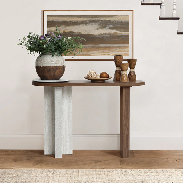 Modern Console Table with Travertine-Style Top and Walnut Finish for Entryway & Living Room  Wooden Bazar