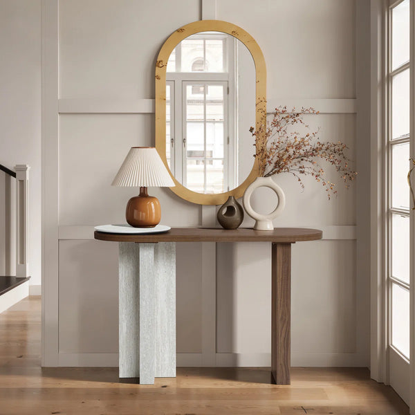 Modern Console Table with Travertine-Style Top and Walnut Finish for Entryway & Living Room  Wooden Bazar