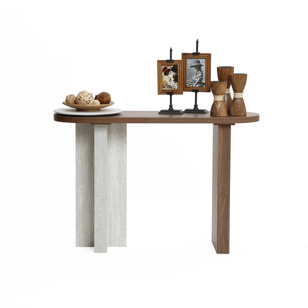 Modern Console Table with Travertine-Style Top and Walnut Finish for Entryway & Living Room  Wooden Bazar