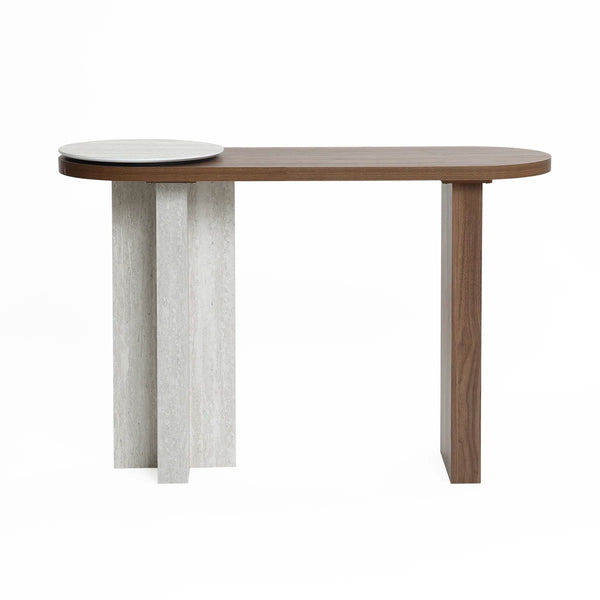 Modern Console Table with Travertine-Style Top and Walnut Finish for Entryway & Living Room  Wooden Bazar