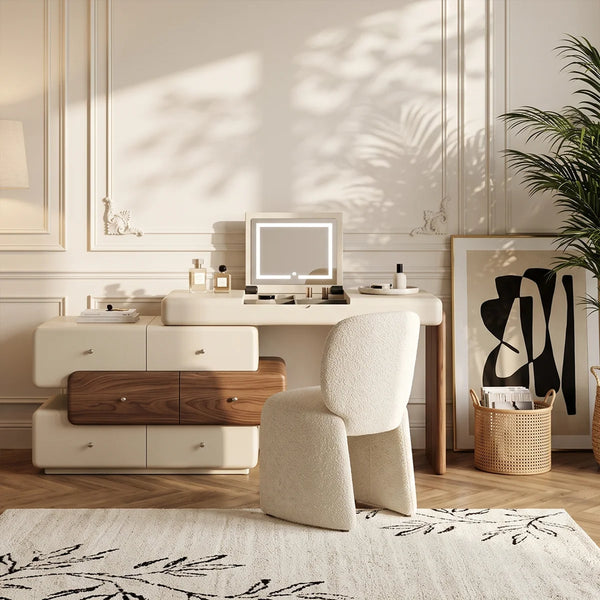 47.2" Modern Cream White Vanity Desk with LED Mirror, Walnut Drawers, Makeup Storage Vanity  Wooden Bazar
