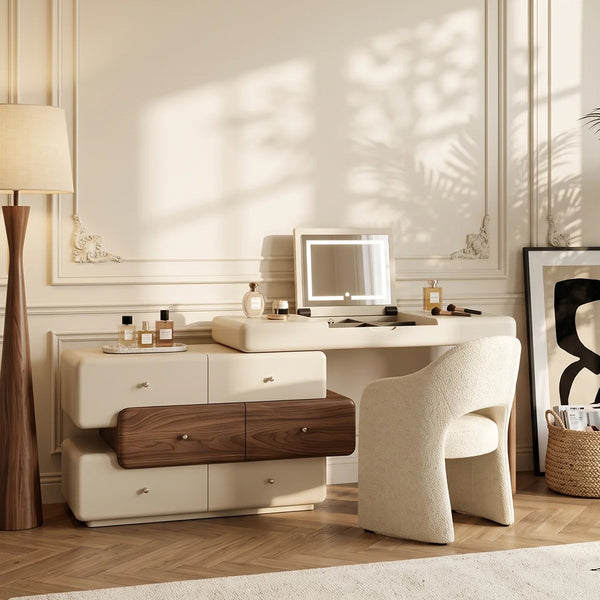 47.2" Modern Cream White Vanity Desk with LED Mirror, Walnut Drawers, Makeup Storage Vanity  Wooden Bazar