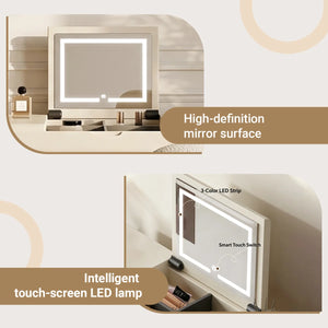 47.2" Modern Cream White Vanity Desk with LED Mirror, Walnut Drawers, Makeup Storage Vanity  Wooden Bazar
