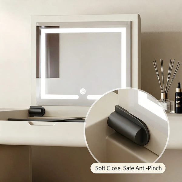 47.2" Modern Cream White Vanity Desk with LED Mirror, Walnut Drawers, Makeup Storage Vanity  Wooden Bazar