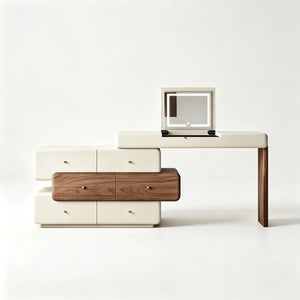 47.2" Modern Cream White Vanity Desk with LED Mirror, Walnut Drawers, Makeup Storage Vanity  Wooden Bazar