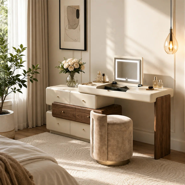 47.2" Modern Cream White Vanity Desk with LED Mirror, Walnut Drawers, Makeup Storage Vanity  Wooden Bazar