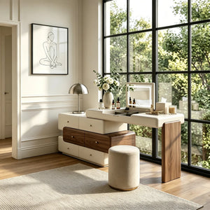 47.2" Modern Cream White Vanity Desk with LED Mirror, Walnut Drawers, Makeup Storage Vanity  Wooden Bazar
