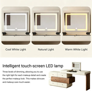 47.2" Modern Cream White Vanity Desk with LED Mirror, Walnut Drawers, Makeup Storage Vanity  Wooden Bazar