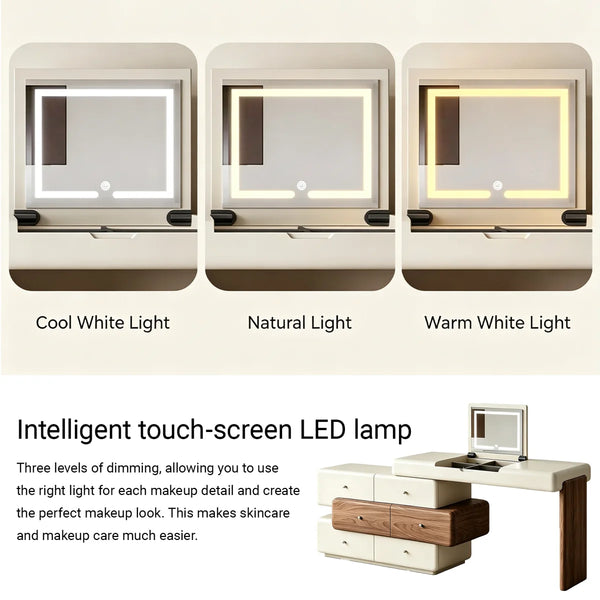 47.2" Modern Cream White Vanity Desk with LED Mirror, Walnut Drawers, Makeup Storage Vanity  Wooden Bazar