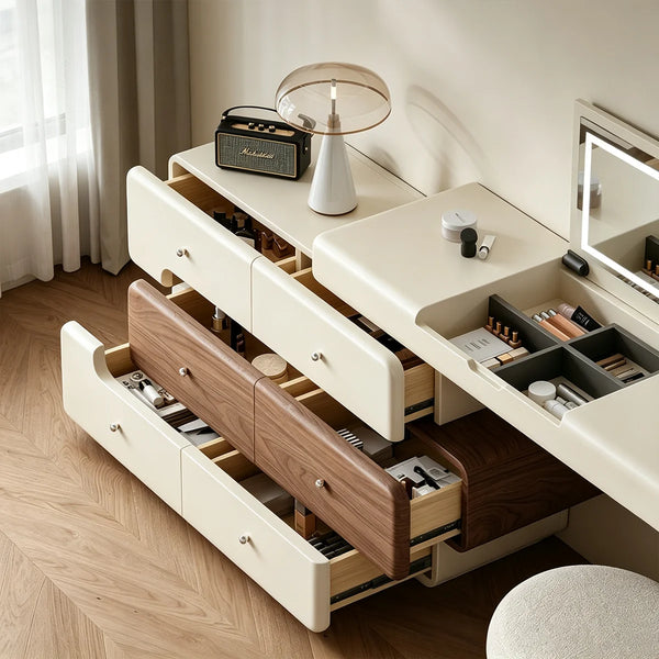47.2" Modern Cream White Vanity Desk with LED Mirror, Walnut Drawers, Makeup Storage Vanity  Wooden Bazar