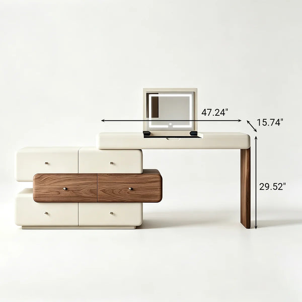 47.2" Modern Cream White Vanity Desk with LED Mirror, Walnut Drawers, Makeup Storage Vanity  Wooden Bazar