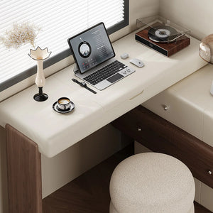47.2" Modern Cream White Vanity Desk with LED Mirror, Walnut Drawers, Makeup Storage Vanity  Wooden Bazar