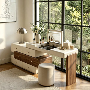 47.2" Modern Cream White Vanity Desk with LED Mirror, Walnut Drawers, Makeup Storage Vanity  Wooden Bazar