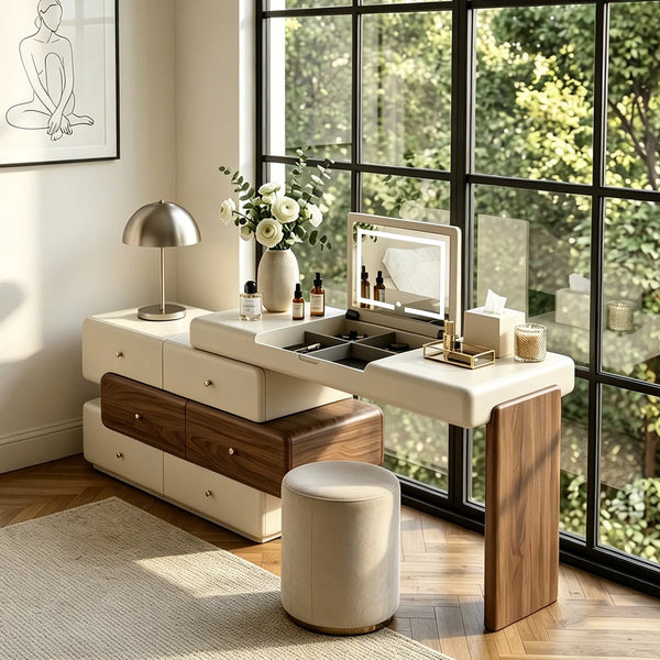 47.2" Modern Cream White Vanity Desk with LED Mirror, Walnut Drawers, Makeup Storage Vanity  Wooden Bazar