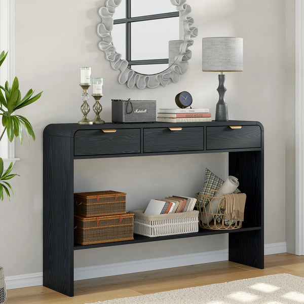 Modern Console Table with 3 Drawers and Open Shelf, Natural Wood Grain Finish, Black Frame  Wooden Bazar