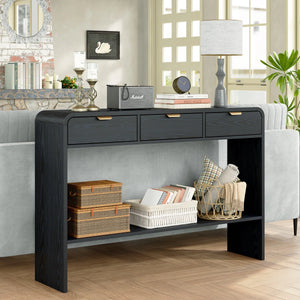 Modern Console Table with 3 Drawers and Open Shelf, Natural Wood Grain Finish, Black Frame  Wooden Bazar