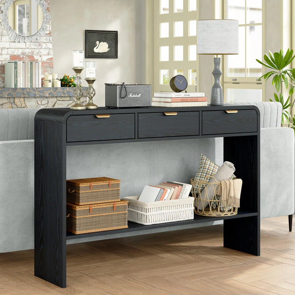 Modern Console Table with 3 Drawers and Open Shelf, Natural Wood Grain Finish, Black Frame  Wooden Bazar