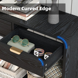 Modern Console Table with 3 Drawers and Open Shelf, Natural Wood Grain Finish, Black Frame  Wooden Bazar