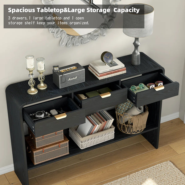 Modern Console Table with 3 Drawers and Open Shelf, Natural Wood Grain Finish, Black Frame  Wooden Bazar