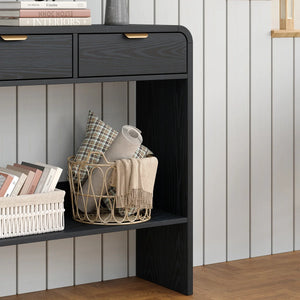 Modern Console Table with 3 Drawers and Open Shelf, Natural Wood Grain Finish, Black Frame  Wooden Bazar