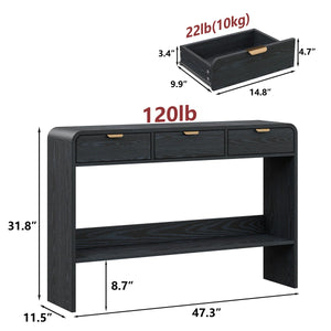Modern Console Table with 3 Drawers and Open Shelf, Natural Wood Grain Finish, Black Frame  Wooden Bazar