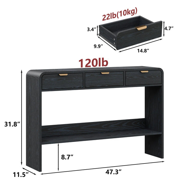 Modern Console Table with 3 Drawers and Open Shelf, Natural Wood Grain Finish, Black Frame  Wooden Bazar