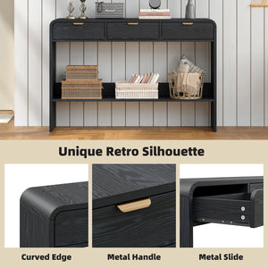 Modern Console Table with 3 Drawers and Open Shelf, Natural Wood Grain Finish, Black Frame  Wooden Bazar
