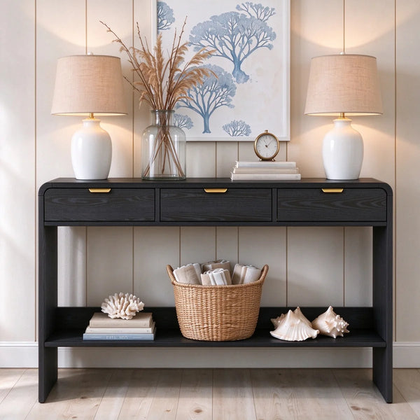 Modern Console Table with 3 Drawers and Open Shelf, Natural Wood Grain Finish, Black Frame  Wooden Bazar