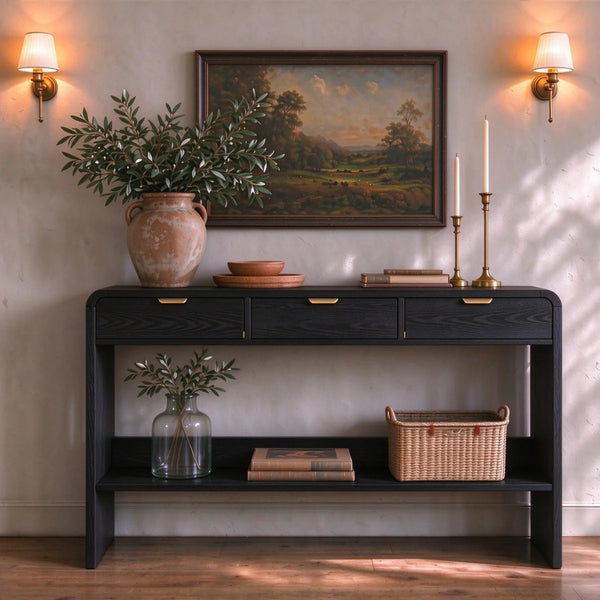 Modern Console Table with 3 Drawers and Open Shelf, Natural Wood Grain Finish, Black Frame  Wooden Bazar