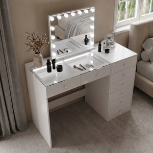 47'' Makeup Vanity Desk With Mirror Led Lights Rgb  Wooden Bazar