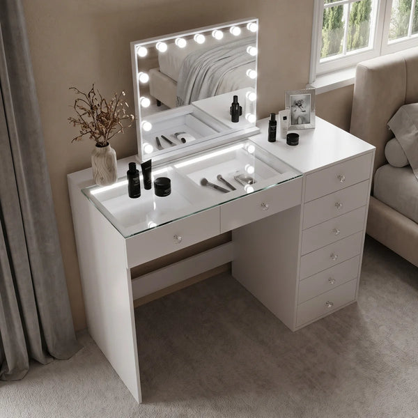 47'' Makeup Vanity Desk With Mirror Led Lights Rgb  Wooden Bazar