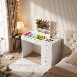 47'' Makeup Vanity Desk With Mirror Led Lights Rgb  Wooden Bazar