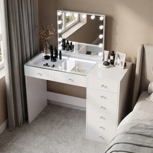 47'' Makeup Vanity Desk With Mirror Led Lights Rgb  Wooden Bazar