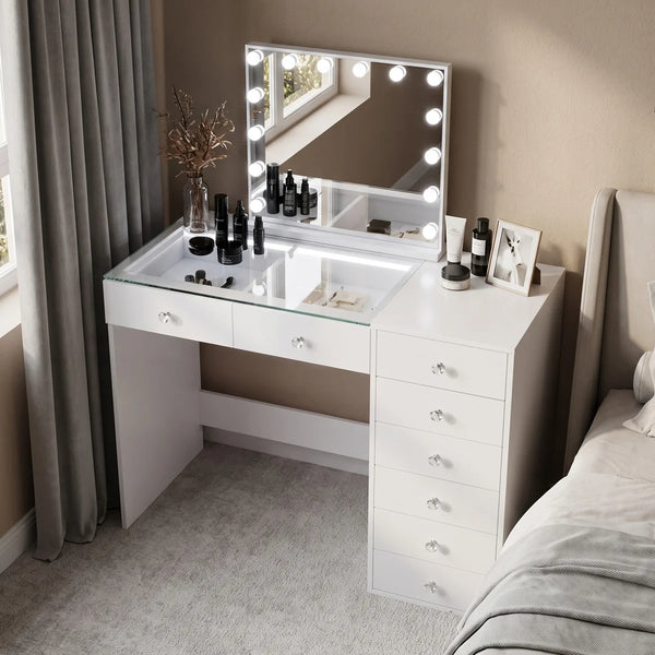 47'' Makeup Vanity Desk With Mirror Led Lights Rgb  Wooden Bazar