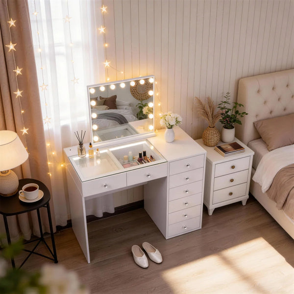 47'' Makeup Vanity Desk With Mirror Led Lights Rgb  Wooden Bazar