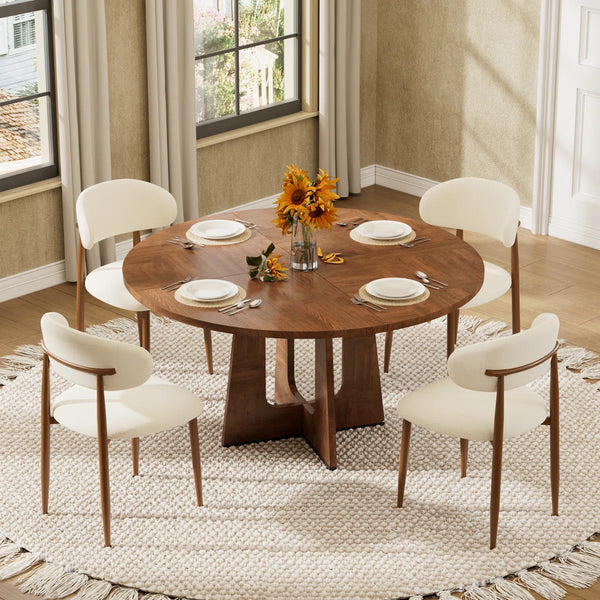 Hevals Round Wooden Dining Table with Linen Dining Chair