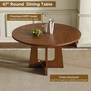 Round Farmhouse Dining Set, Wooden Dining Table with Linen Dining Chair for 4 for Small Space