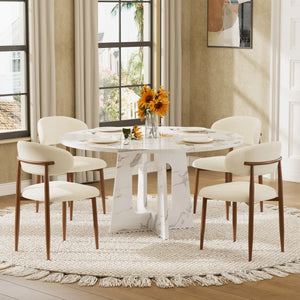 Hevals Round Wooden Dining Table with Linen Dining Chair