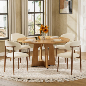 Hevals Round Wooden Dining Table with Linen Dining Chair