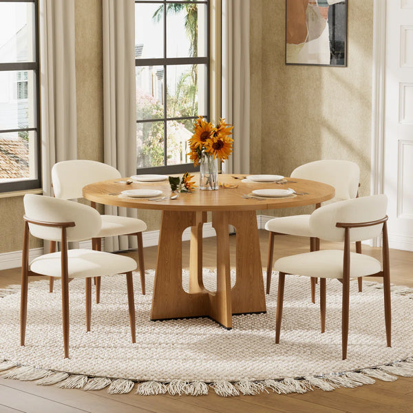 Hevals Round Wooden Dining Table with Linen Dining Chair