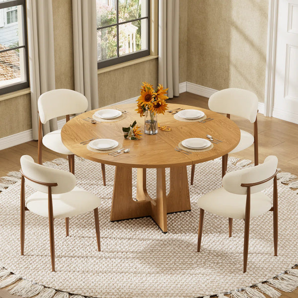 Hevals Round Wooden Dining Table with Linen Dining Chair
