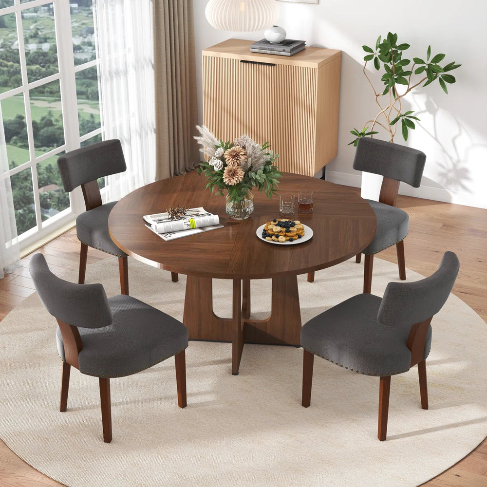 Round Dining Table and 4 T-Shape Upholstered Chairs Set - Wooden Bazar