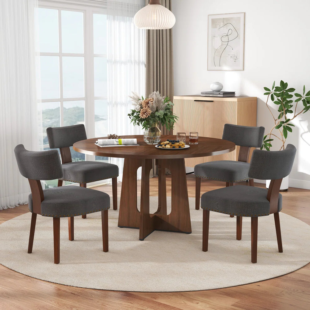 Round Dining Table and 4 T-Shape Upholstered Chairs Set - Wooden Bazar