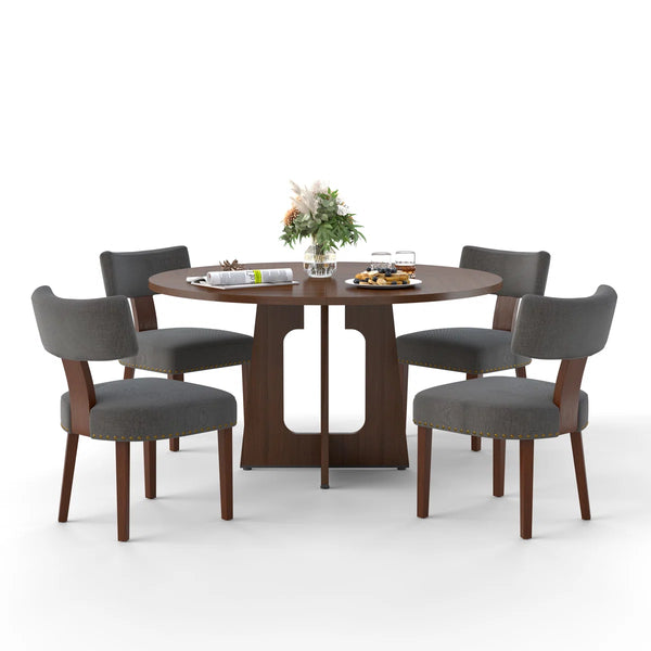 Round Dining Table and 4 T-Shape Upholstered Chairs Set - Wooden Bazar